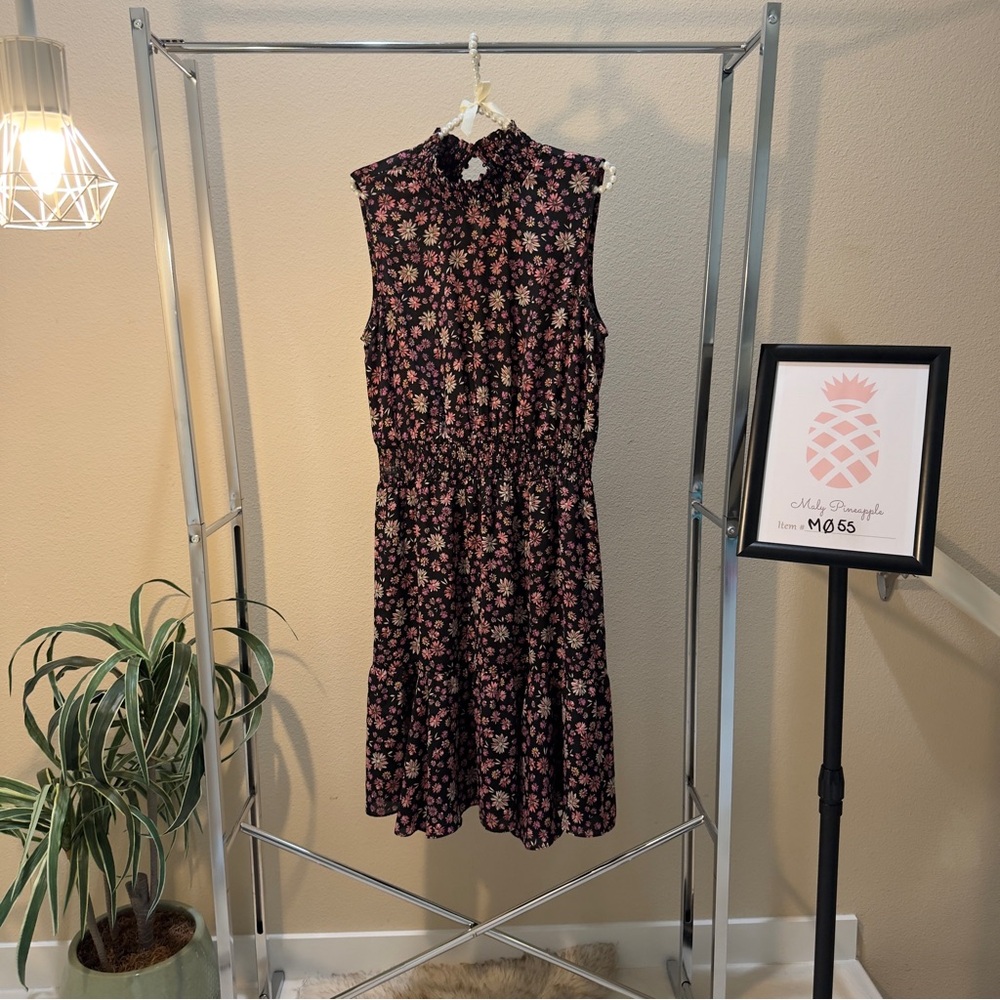 Nanette Lepore size L sleeveless smocked high neck floral black/pink sheer midi